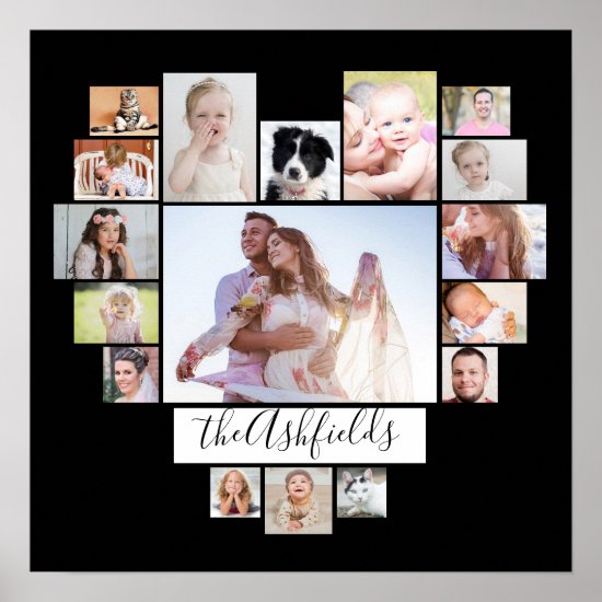 Family Photo Collage Heart 17 Pictures Name Black Poster