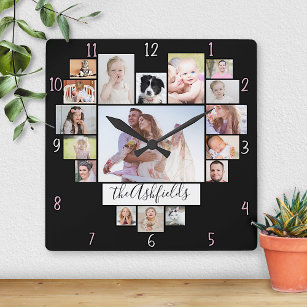 Family Photo Collage Heart 17 Pictures Name Black Square Wall Clock