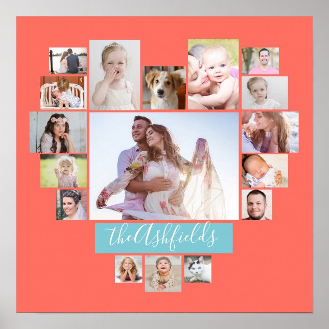 Family Photo Collage Heart 17 Pictures Name Coral Poster (Front)