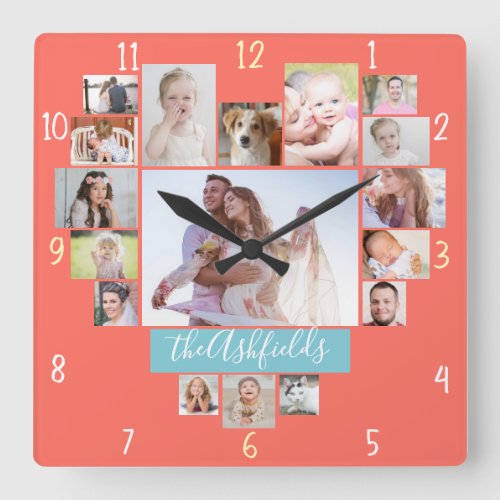 Family Photo Collage Heart 17 Pictures Name Coral Square Wall Clock