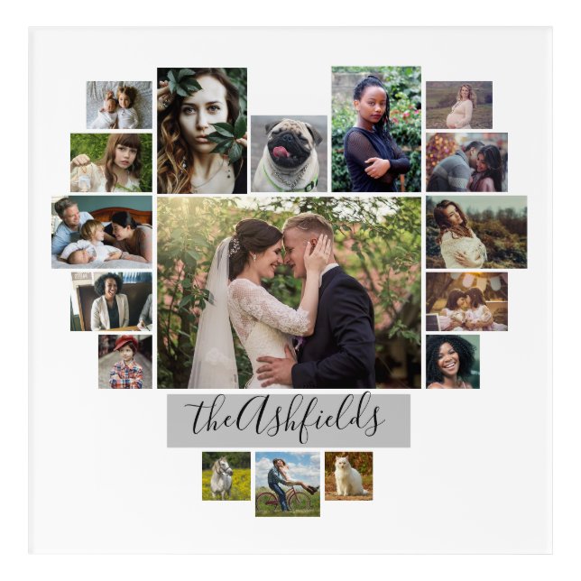Family Photo Collage Heart 17 Pictures Name White Acrylic Print (Front)