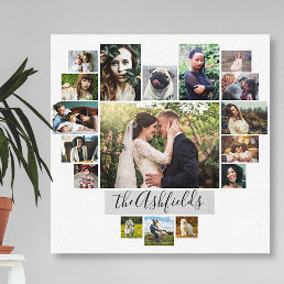 Family Photo Collage Heart 17 Pictures Name White Canvas Print
