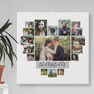 Family Photo Collage Heart 17 Pictures Name White Faux Canvas Print