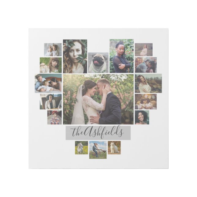 Family Photo Collage Heart 17 Pictures Name White Gallery Wrap (Front)