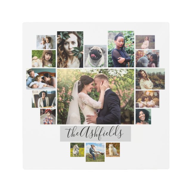 Family Photo Collage Heart 17 Pictures Name White Metal Print (Front)