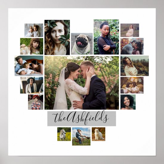 Family Photo Collage Heart 17 Pictures Name White Poster