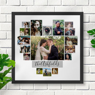 Family Photo Collage Heart 17 Pictures Name White Poster