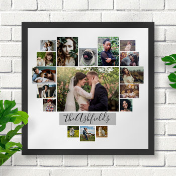 Family Photo Collage Heart 17 Pictures Name White Poster by PictureCollage at Zazzle