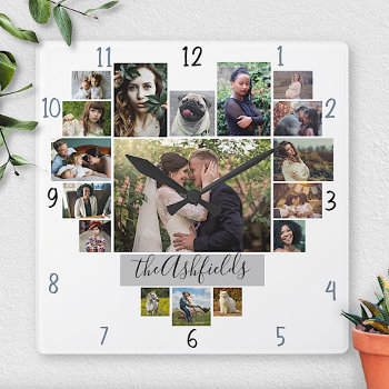Family Photo Collage Heart 17 Pictures Name White Square Wall Clock by PictureCollage at Zazzle