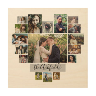 Family Photo Collage Heart 17 Pictures Name White Wood Wall Art