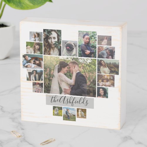 Family Photo Collage Heart 17 Pictures Name White Wooden Box Sign