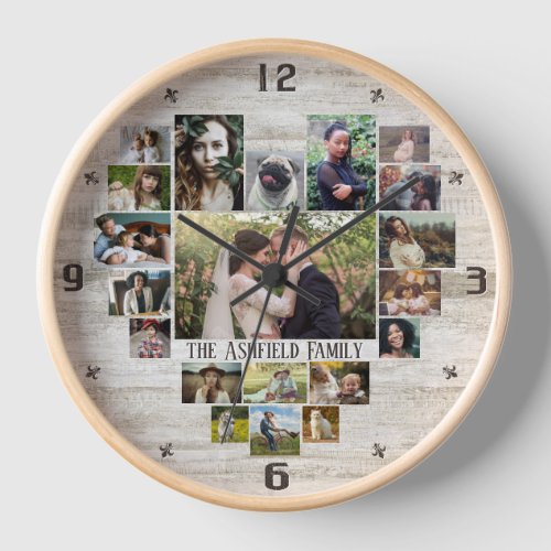 Family Photo Collage Heart 20 Pics Name Farm Wood Clock
