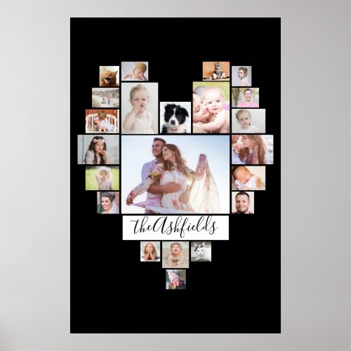 Family Photo Collage Heart 22 Pics Black 20x30 Poster