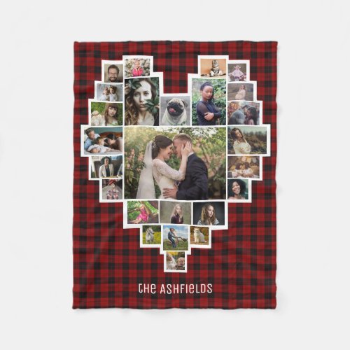 Family Photo Collage Heart 25 Pics Name Red Plaid Fleece Blanket