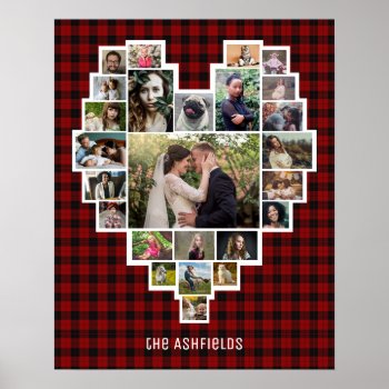 Family Photo Collage Heart 25 Pics Name Red Plaid Poster by PictureCollage at Zazzle