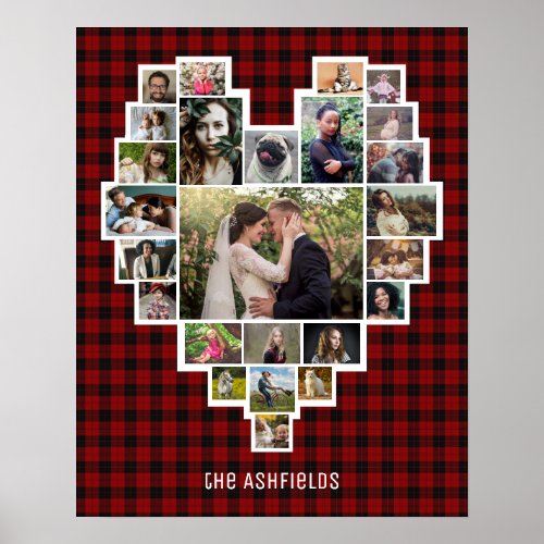 Family Photo Collage Heart 25 Pics Name Red Plaid Poster