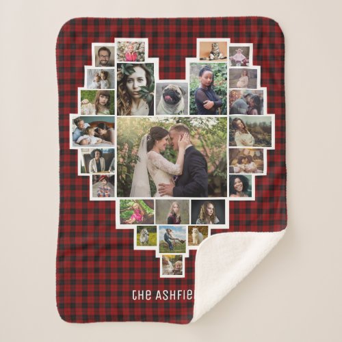 Family Photo Collage Heart 25 Pics Name Red Plaid Sherpa Blanket