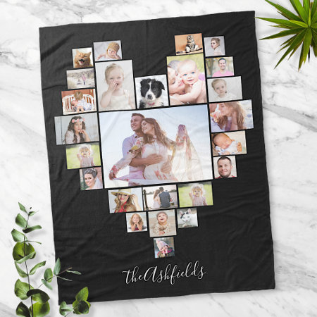 Family Photo Collage Heart 25 Pictures Name Black Fleece Blanket