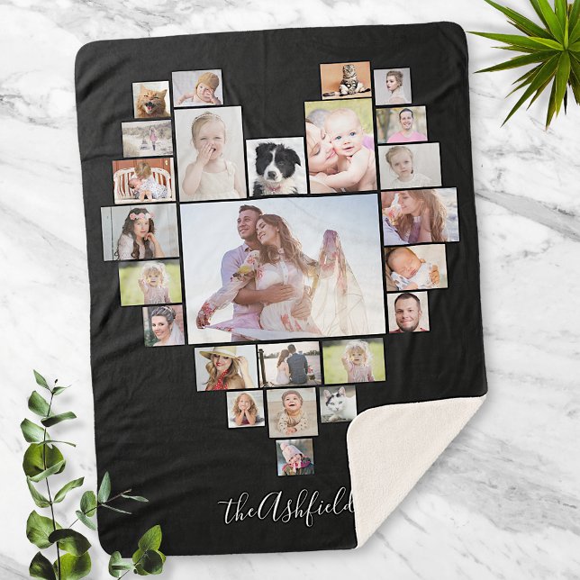 Family Photo Collage Heart 25 Pictures Name Black Sherpa Blanket (Creator Uploaded)