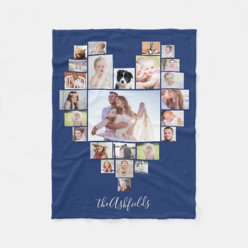 Family Photo Collage Heart 25 Pictures Name Blue Fleece Blanket