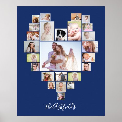 Family Photo Collage Heart 25 Pictures Name Blue Poster