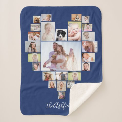 Family Photo Collage Heart 25 Pictures Name Blue Sherpa Blanket