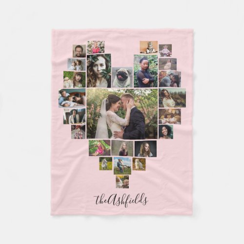 Family Photo Collage Heart 25 Pictures Name Pink Fleece Blanket