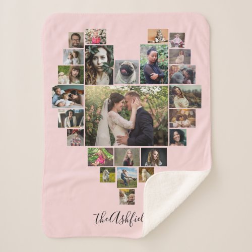 Family Photo Collage Heart 25 Pictures Name Pink Sherpa Blanket