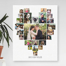 Family Photo Collage Heart 25 Pictures Name White Canvas Print