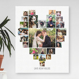 Family Photo Collage Heart 25 Pictures Name White Canvas Print