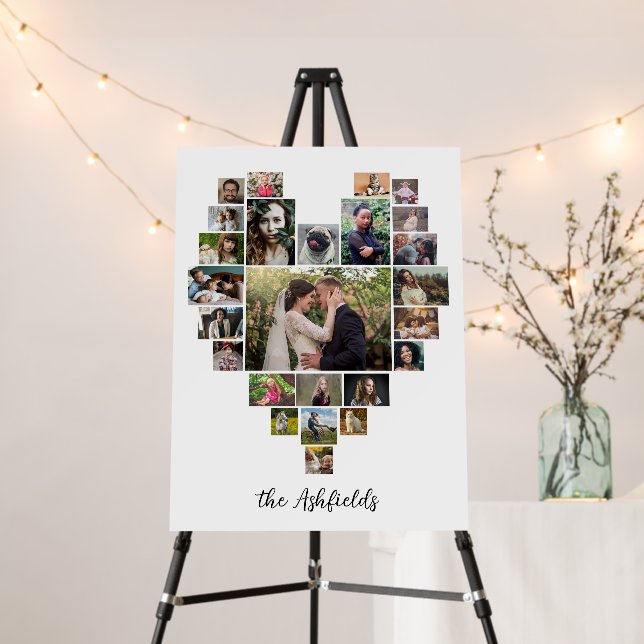 Family Photo Collage Heart 25 Pictures Name White Foam Board (In Situ (Stand))