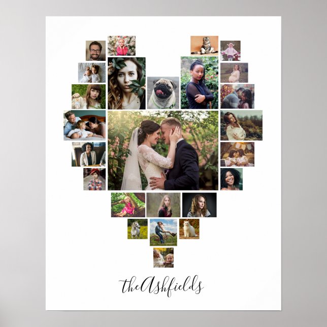 Family Photo Collage Heart 25 Pictures Name White Poster (Front)