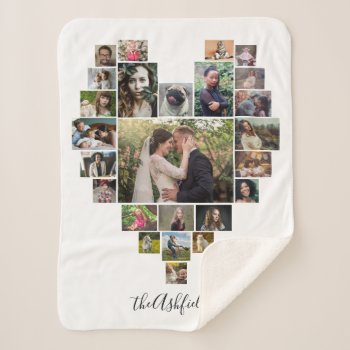 Family Photo Collage Heart 25 Pictures Name White Sherpa Blanket by PictureCollage at Zazzle