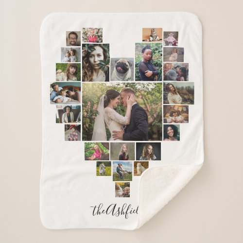 Family Photo Collage Heart 25 Pictures Name White Sherpa Blanket