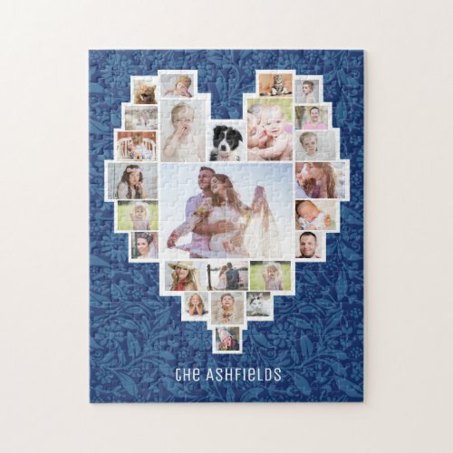 Family Photo Collage Heart Blue Floral 25 Pic Name Jigsaw Puzzle