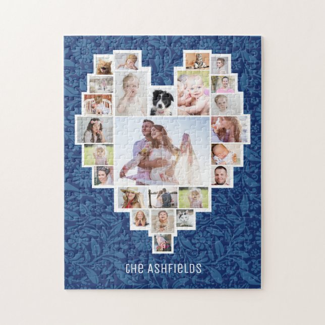Family Photo Collage Heart Blue Floral 25 Pic Name Jigsaw Puzzle (Vertical)