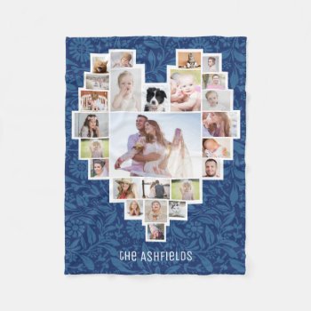 Family Photo Collage Heart Floral Blue 25 Pic Name Fleece Blanket by PictureCollage at Zazzle