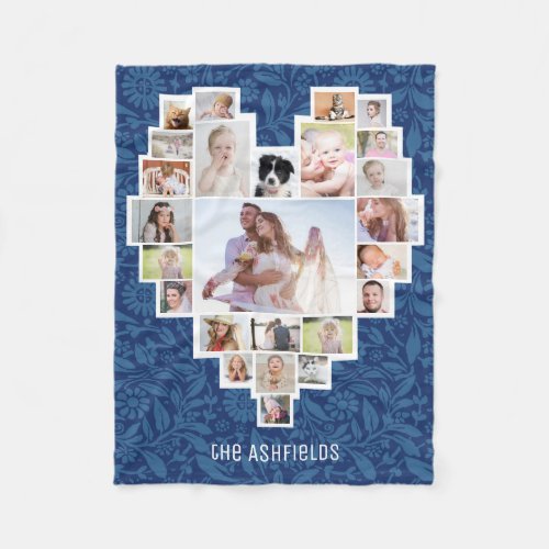 Family Photo Collage Heart Floral Blue 25 Pic Name Fleece Blanket