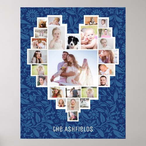 Family Photo Collage Heart Floral Blue 25 Pic Name Poster