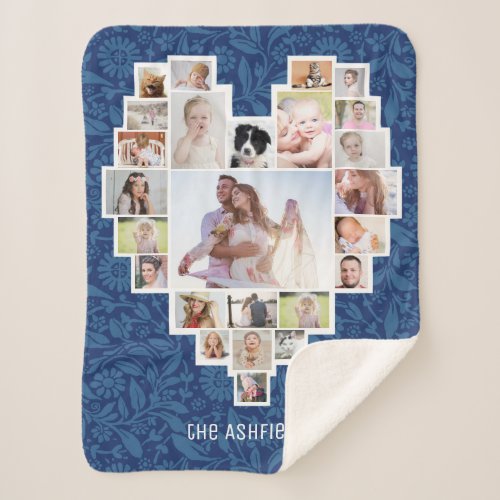 Family Photo Collage Heart Floral Blue 25 Pic Name Sherpa Blanket