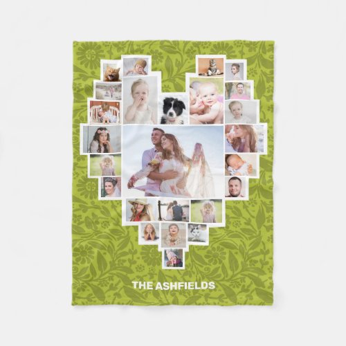 Family Photo Collage Heart Floral Green 25 Pic DIY Fleece Blanket