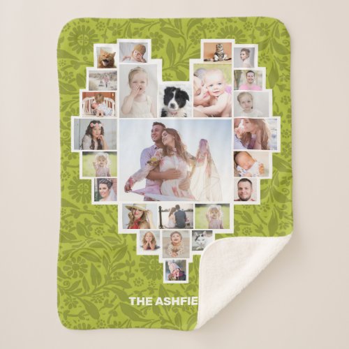 Family Photo Collage Heart Floral Green 25 Pic DIY Sherpa Blanket