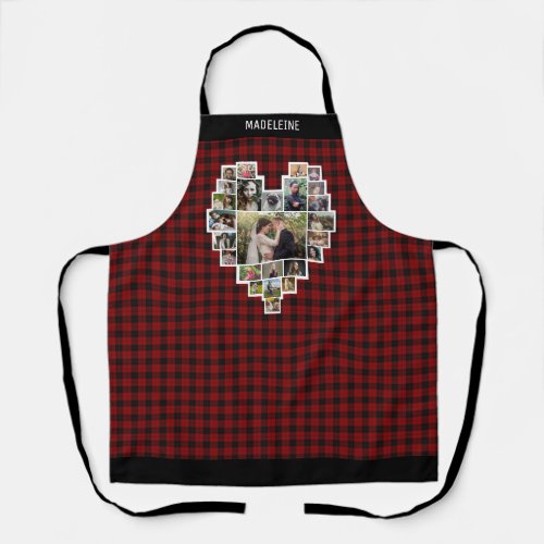 Family Photo Collage Heart Red Plaid 25 Pic Name Apron