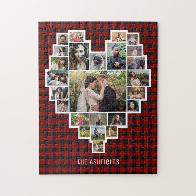Family Photo Collage Heart Red Plaid 25 Pic Name Jigsaw Puzzle (Vertical)