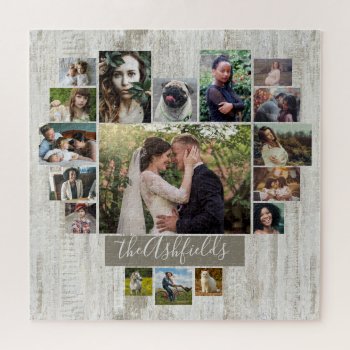 Family Photo Collage Heart Rustic Wood Grain Name Jigsaw Puzzle by PictureCollage at Zazzle