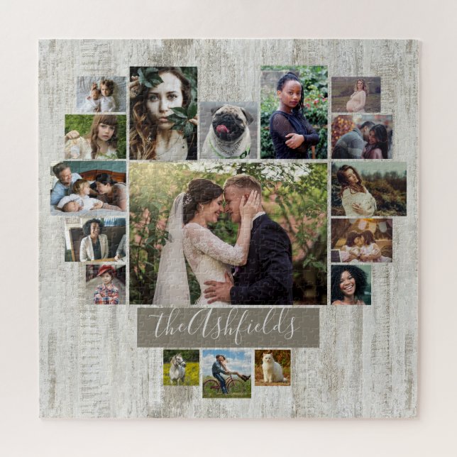 Family Photo Collage Heart Rustic Wood Grain Name Jigsaw Puzzle (Horizontal)