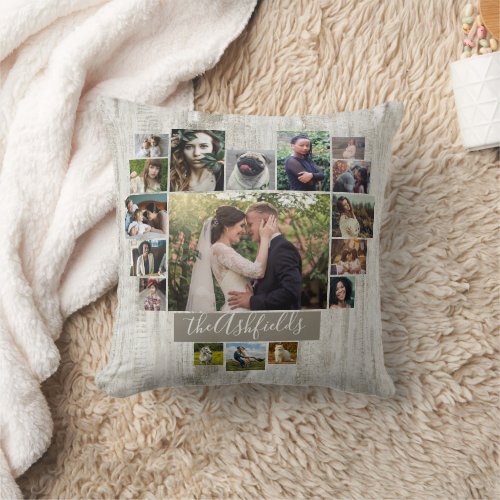 Family Photo Collage Heart Rustic Wood Grain Name Throw Pillow