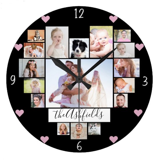 Family Photo Collage Hearts 17 Pictures Name Black Large Clock