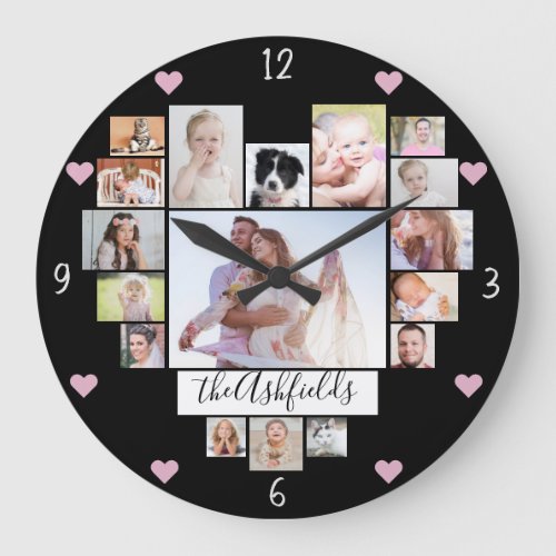 Family Photo Collage Hearts 17 Pictures Name Black Large Clock