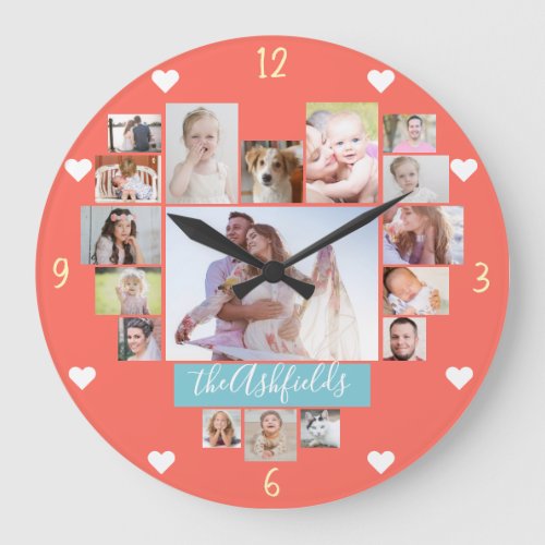 Family Photo Collage Hearts 17 Pictures Name Coral Large Clock